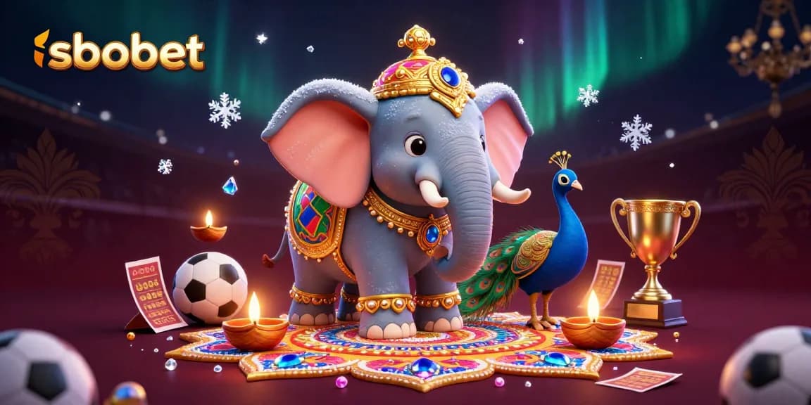 Experience sbobet's dynamic sports betting with vibrant illustrations of a Diwali-themed elephant and peacock.