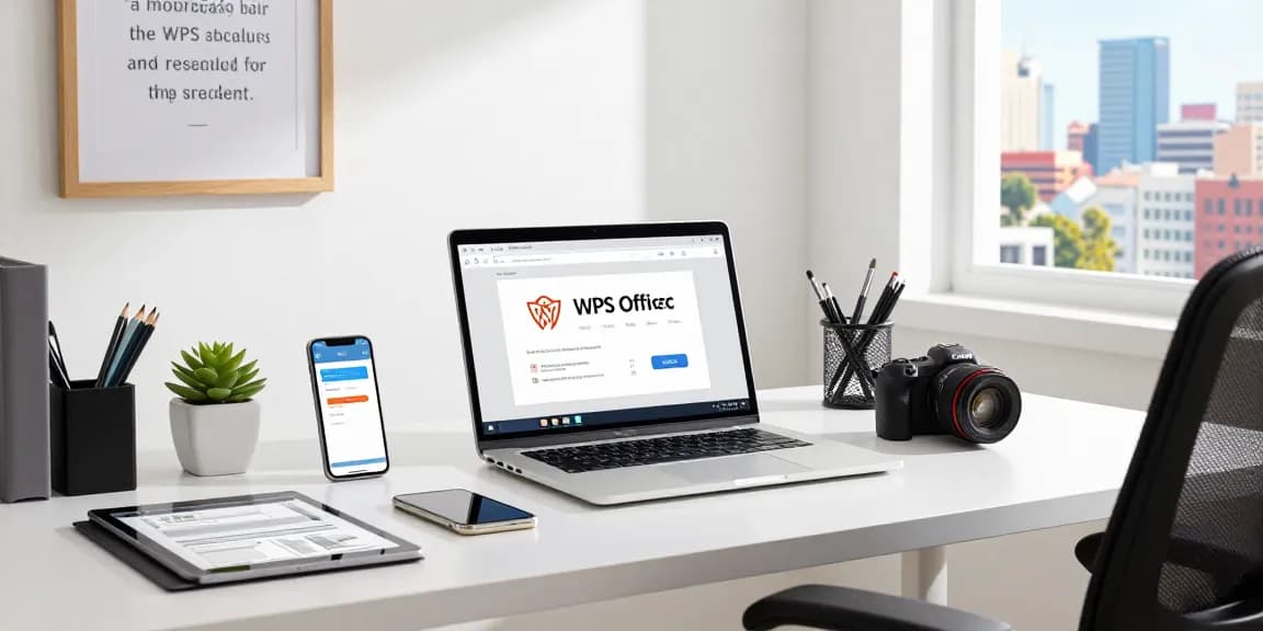 Downloading WPS Office on a modern laptop in a vibrant office workspace.