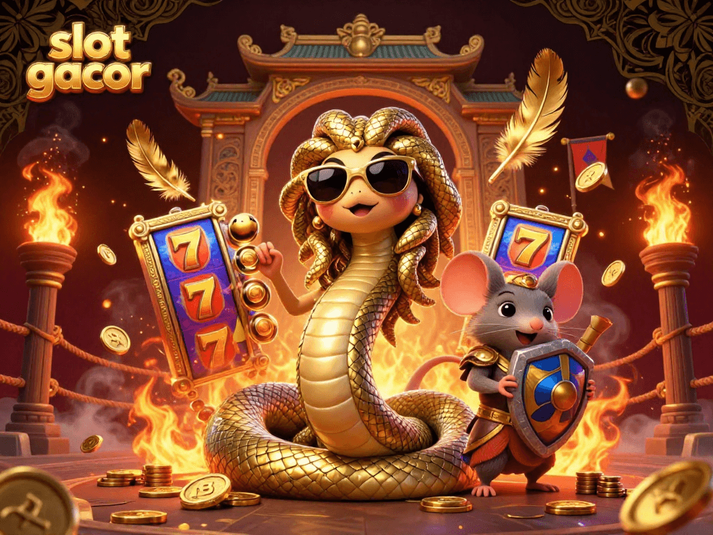 Experience the thrill of slot gacor with Medusa and a warrior mouse amidst golden coins and vibrant slot reels.