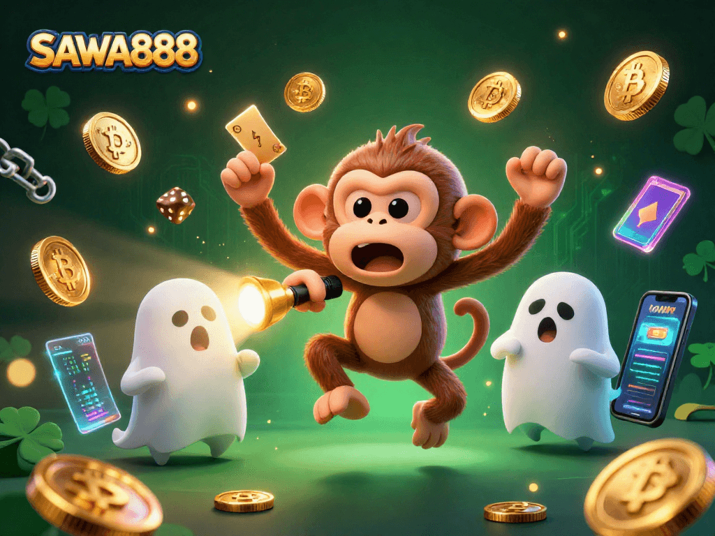 SAWA888 engages players with the mischievous monkey juggling coins in a vibrant casino scene.