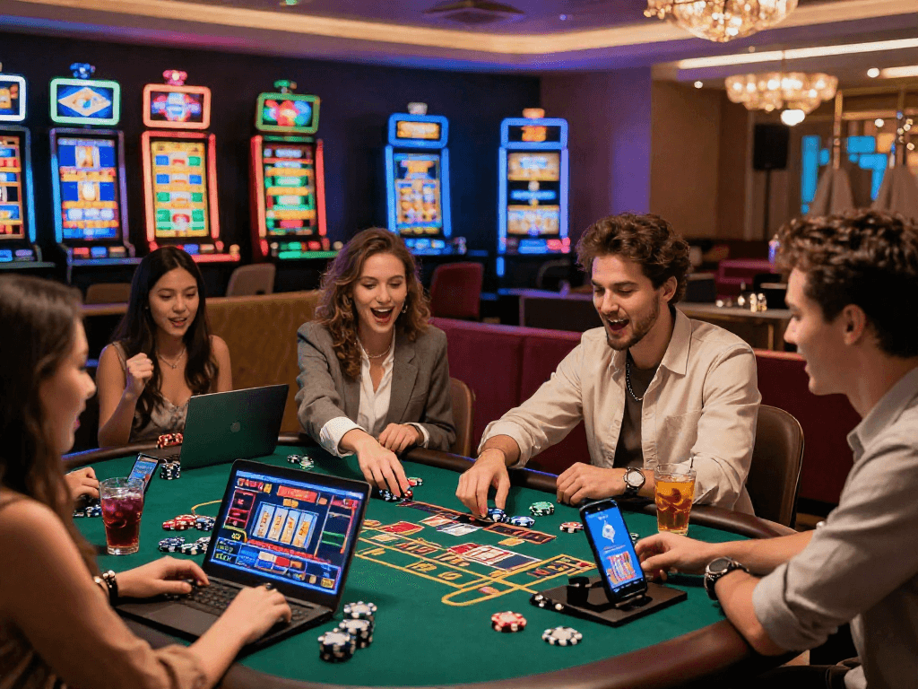 Pengalaman bersenang-senang di luxury12 dengan teman-teman di kasino online yang mewah, merayakan kemenangan.