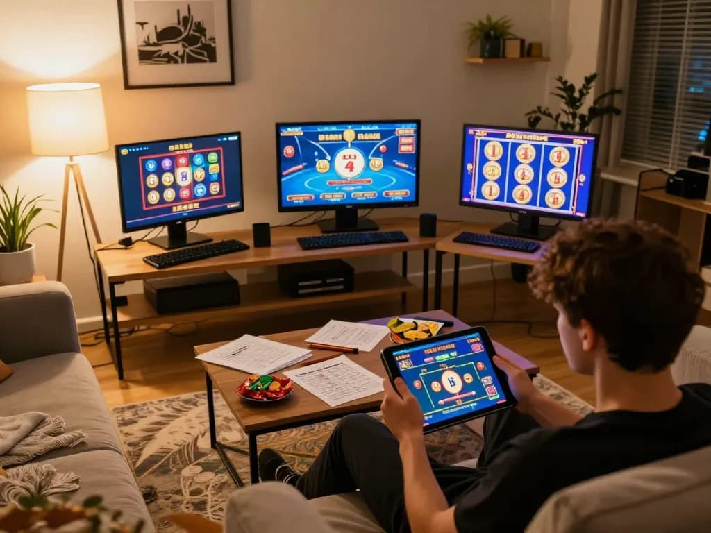 Bags168 user enjoying an online casino game on a tablet, showcasing smart gambling strategies in a cozy home setting.