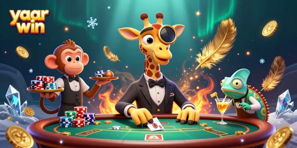 Engage with yaar win at a vibrant poker scene showcasing high-roller giraffe, monkey valet, and chameleon bartender.