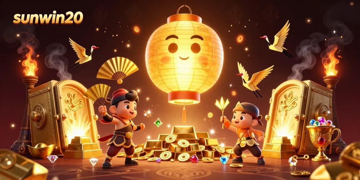 Win big with sunwin20 at the vibrant casino, surrounded by mystical golden elements and treasure!