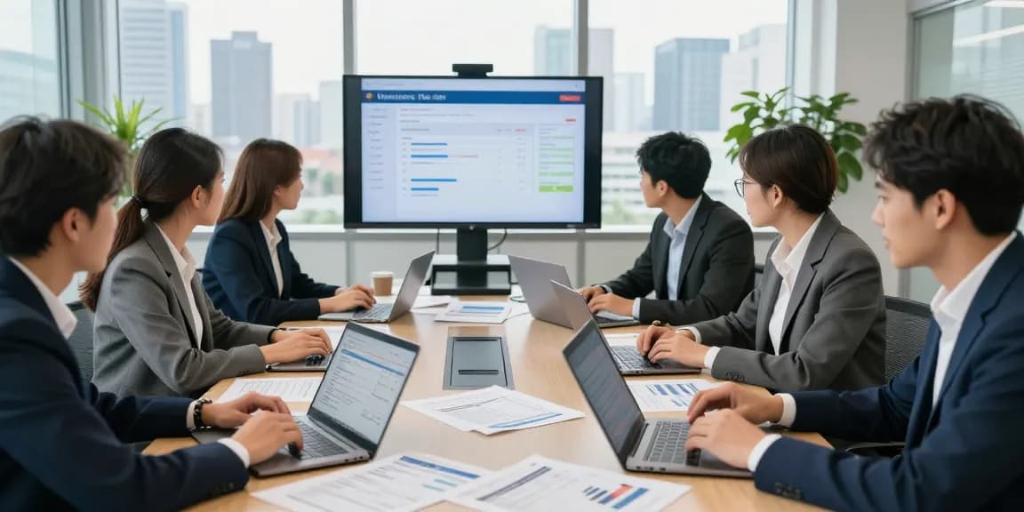 Detect fake invoice analysis in a modern office with professionals discussing financial data.