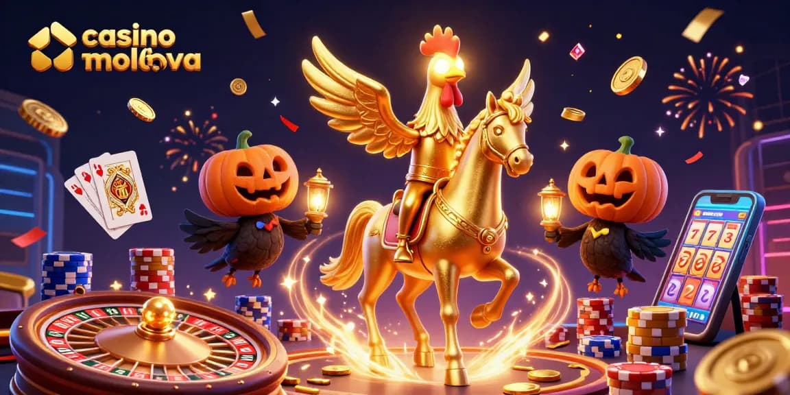 Joacă pe casino online moldova cu un purcel de aur și călăreți întunecați în umbra unui cazinou vibrant.