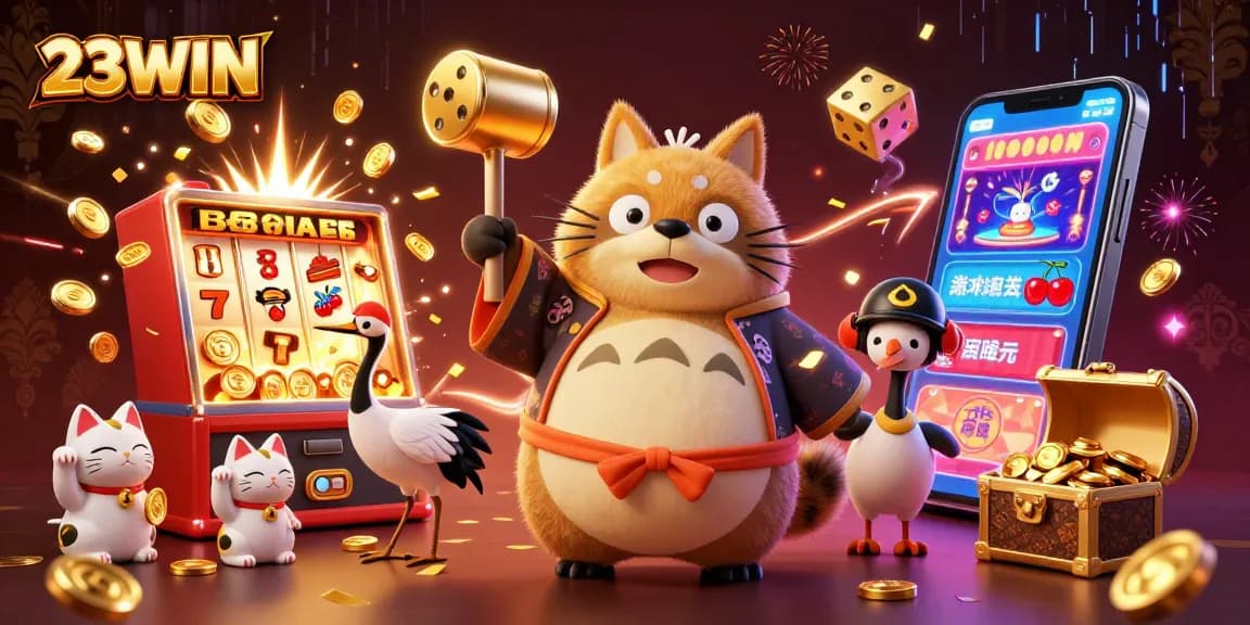 Engage in thrilling 23WIN casino adventures with raccoon and samurai amidst jackpot excitement.