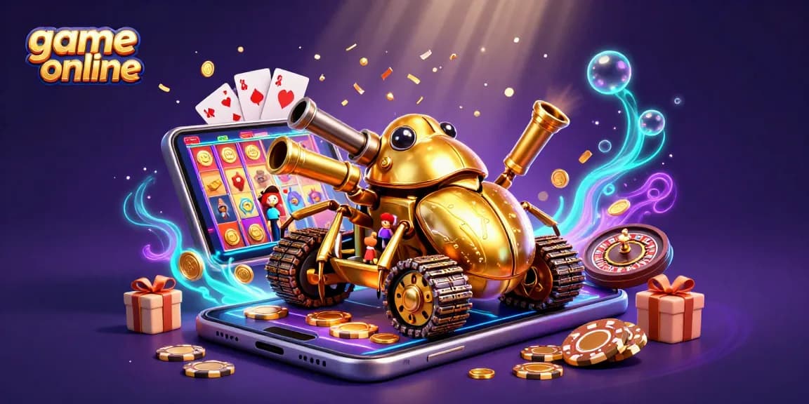 Experience game online bonuses with a 3D illustration of vibrant casino elements erupting in action.