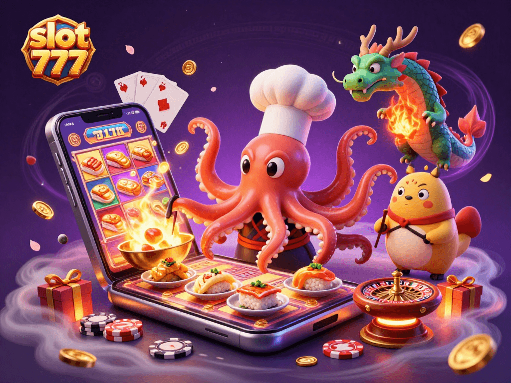 Spin the reels of slot 777 with a playful sushi chef octopus, winning gold coins and jackpots.