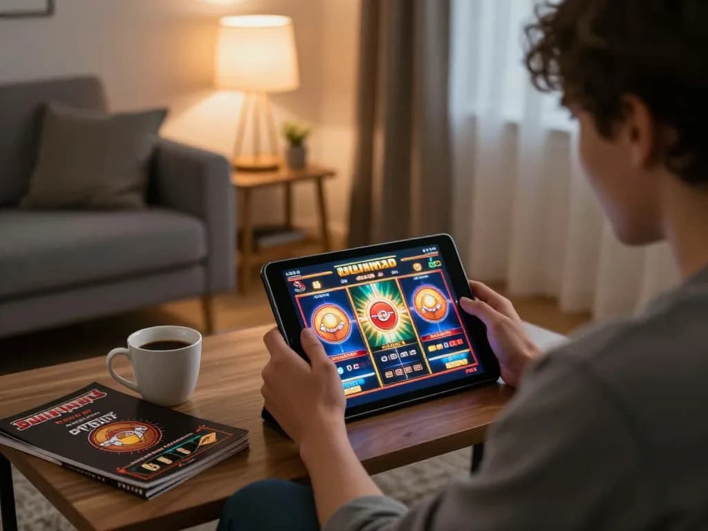 GG88 player engaging in an exciting slot game on tablet, cozy home setting.
