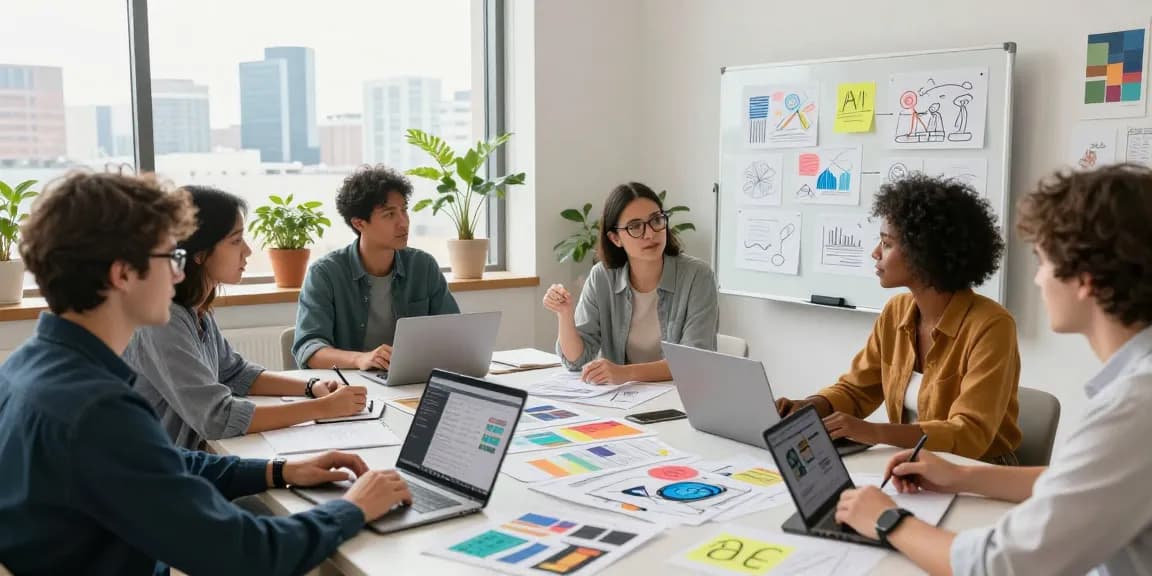 Team collaborating on mixboard ai concept board in a vibrant workspace.