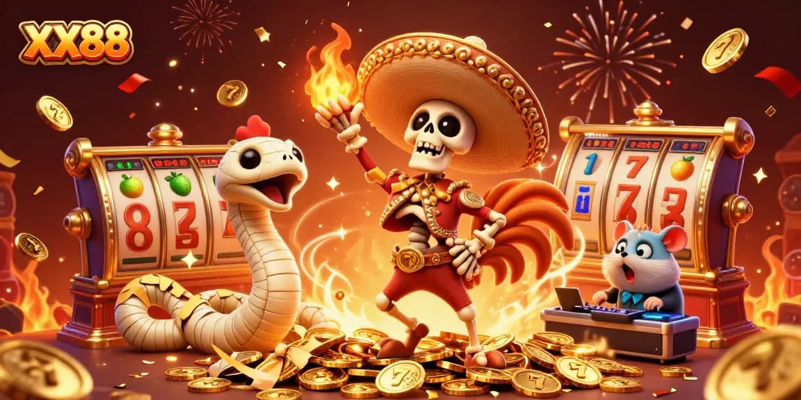 Win big at XX88 with colorful slot reels and a lively casino scene featuring a dancing mariachi rooster.