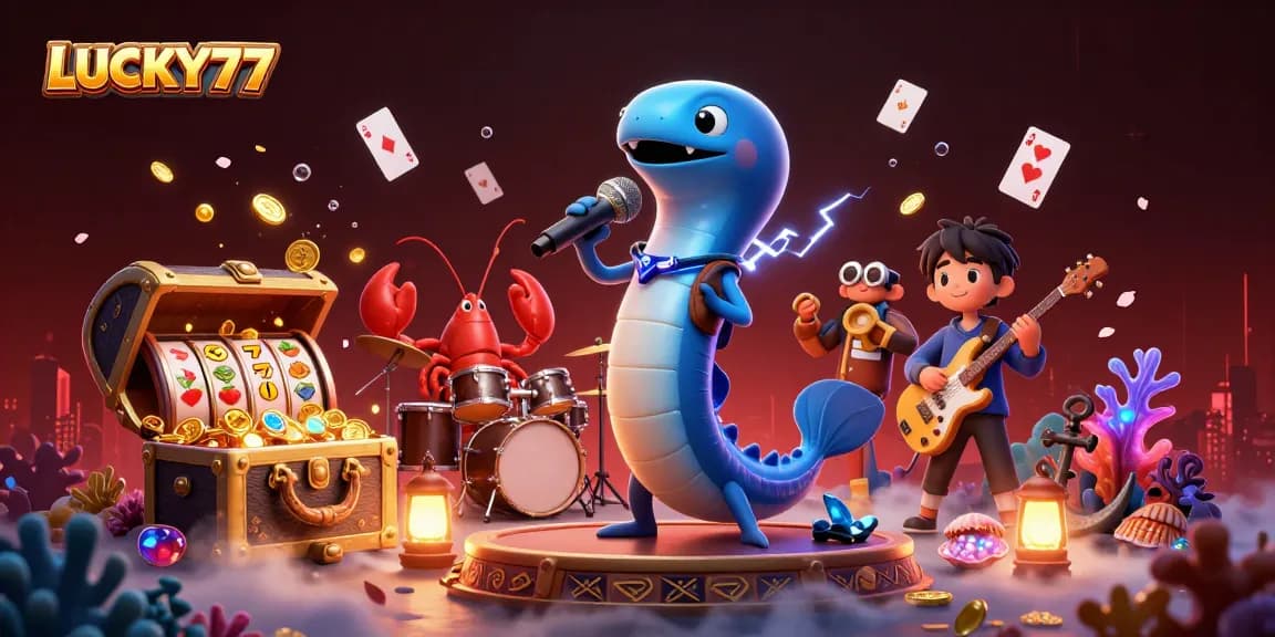 Experience LUCKY77 excitement with electric eel DJ in vibrant underwater casino scene.