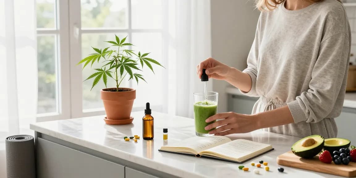 Caliweed CBD oil tincture with fresh hemp extract in a modern kitchen setting, promoting natural wellness.