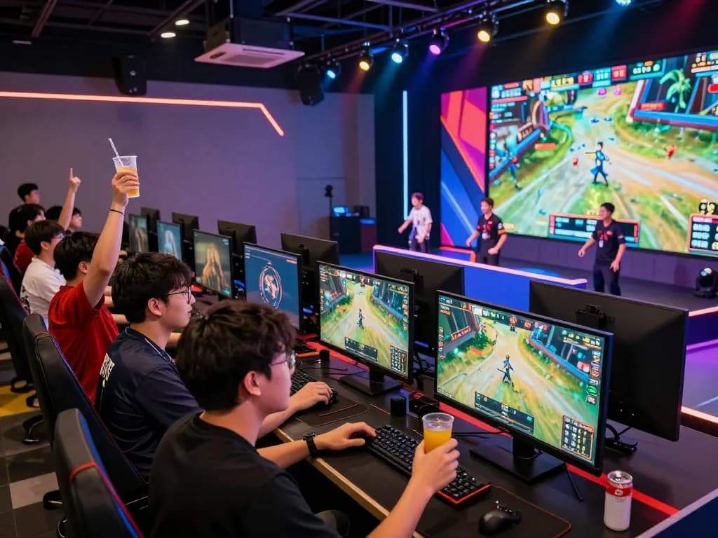Exciting esports betting Singapore scene with gamers cheering at a live event, showcasing gaming setups and dynamic atmosphere.