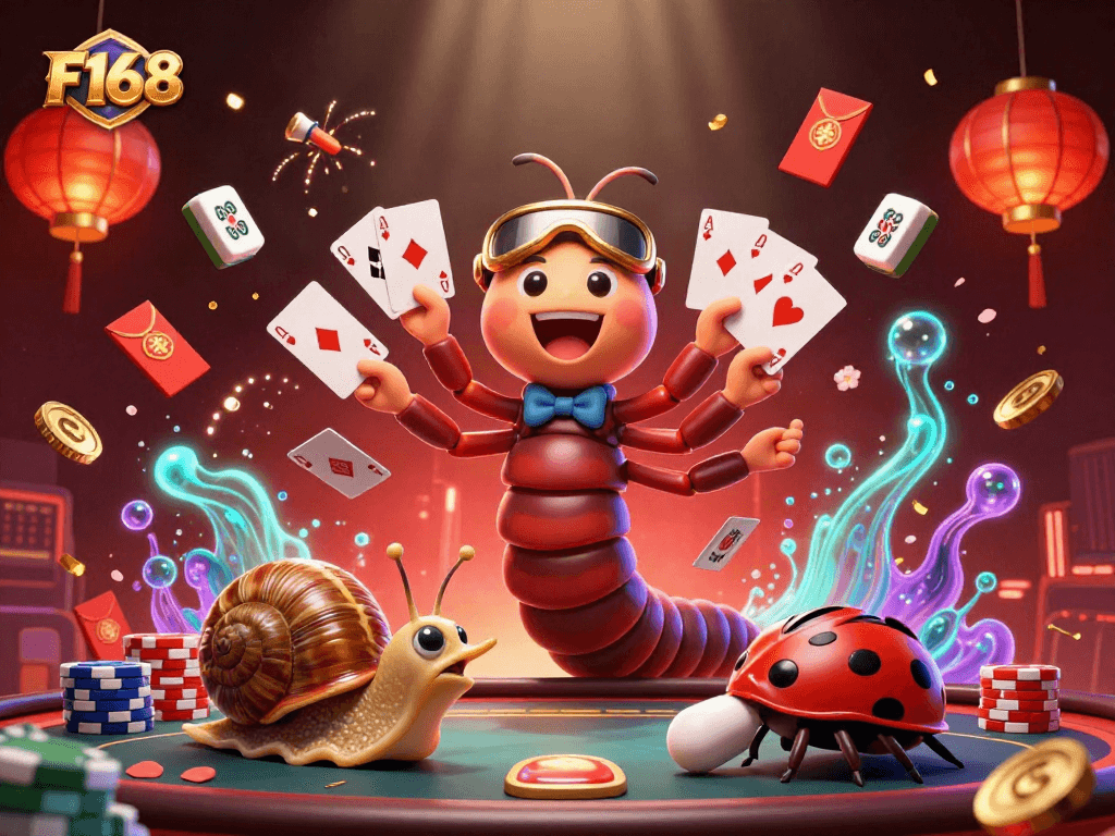 Experience thrilling poker action with F168 as a vibrant casino scene unfolds, featuring a millipede dealer and high-stakes elements.