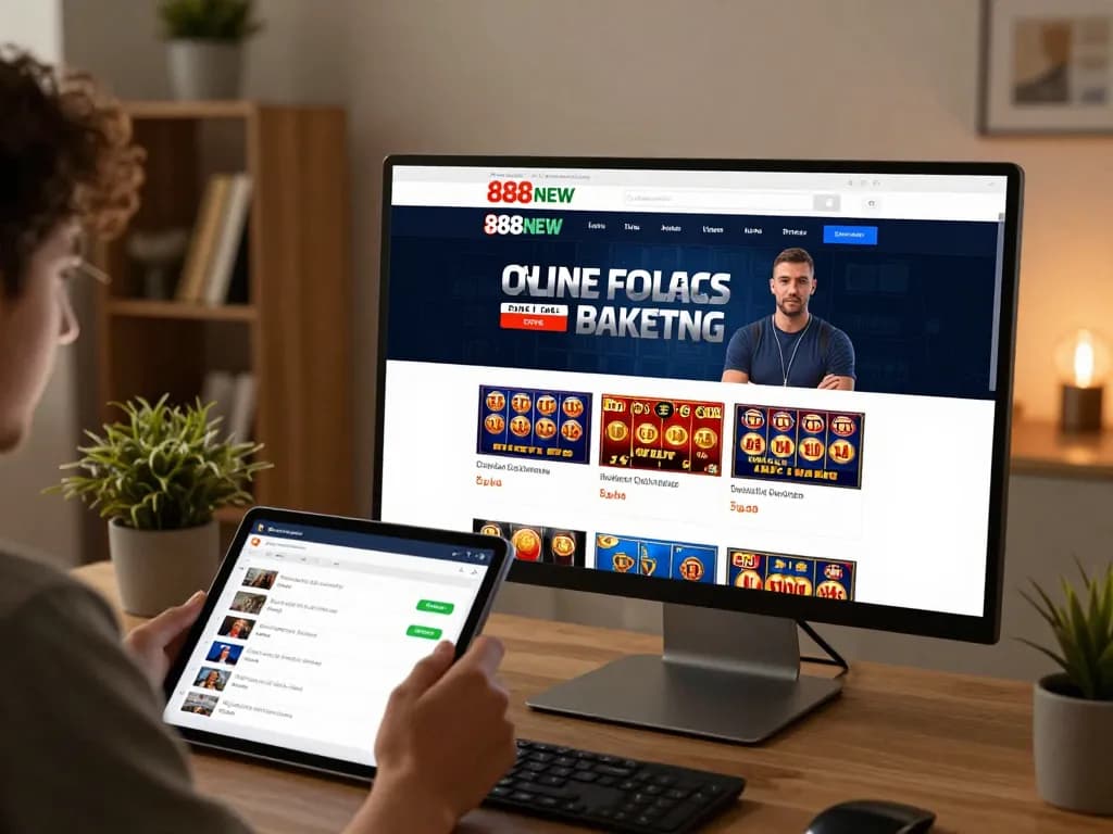Player analyzing betting options on 888NEW online casino platform with cozy home background