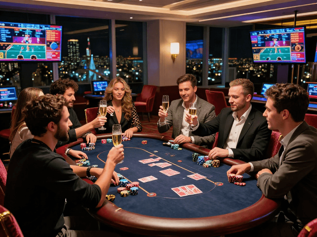 Situs LUXURY111 saat bermain poker di kasino mewah dengan teman-teman.