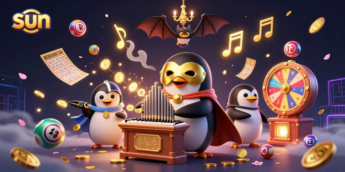 Engage with the sun-themed casino world as the animated penguin plays an organ showering golden coins.