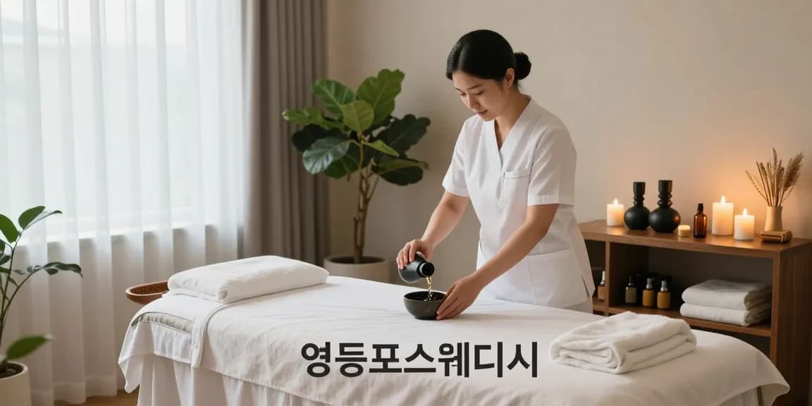 Relaxing spa atmosphere for 영등포스웨디시 featuring a therapist preparing massage treatments with essential oils and calming decor.