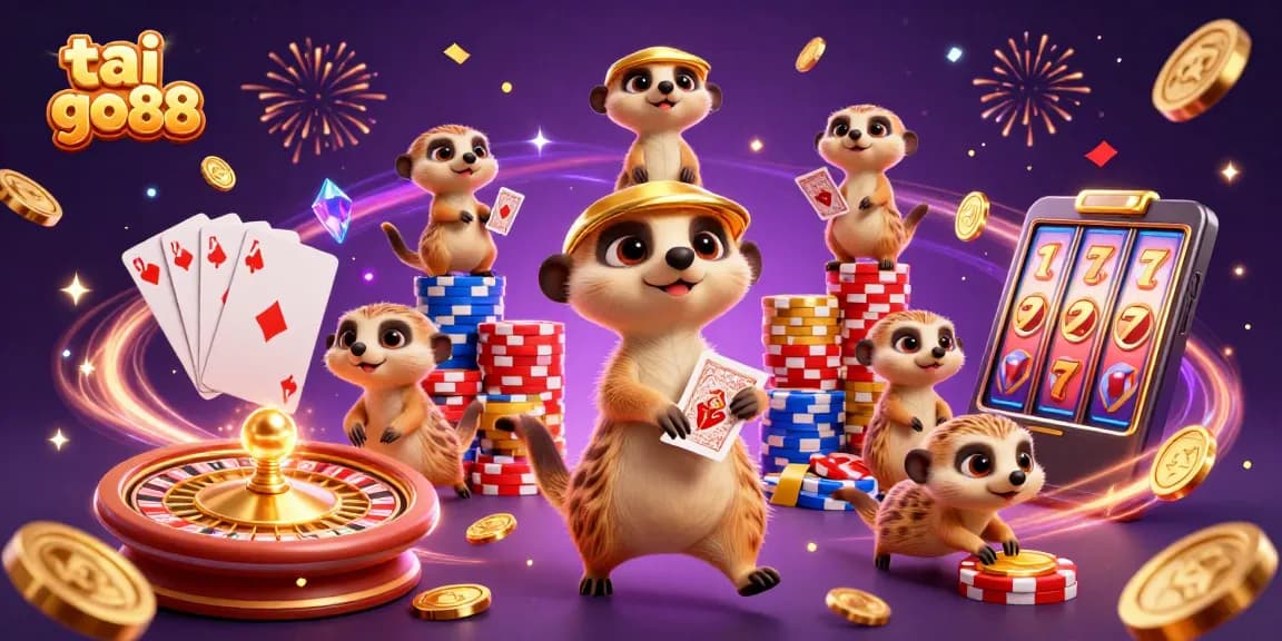 Experience excitement at tai go88 casino with meerkats managing games amidst vivid coins and cards.
