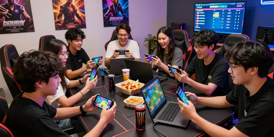 Masayang grupo ng mga gamers na naglalaro gamit ang bd188 na app sa kanilang mga smartphone.