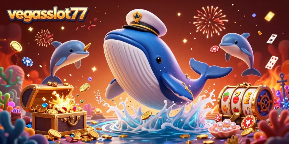 Engage with exciting gaming vibes at vegasslot77 as a whale breaching through gold coins captures thrilling casino action.