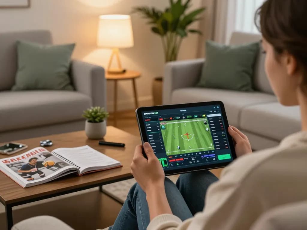 Engaging in Link Alternatif sports betting on a tablet with a cozy atmosphere