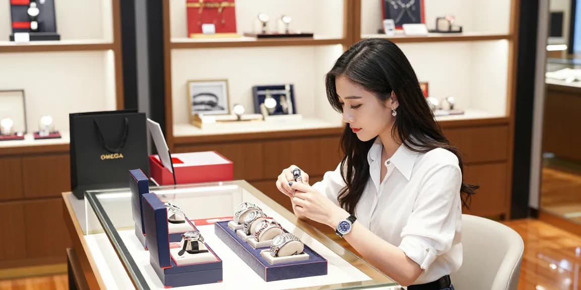 Elegant display of 시계 레플리카 in a luxury watch store, featuring a woman examining high-end replicas.