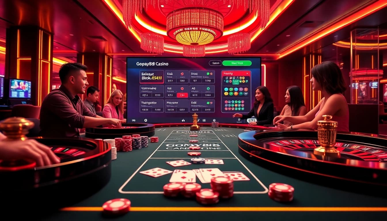 Engaging players at Gopay88 online casino table with vibrant action in a luxurious setting.