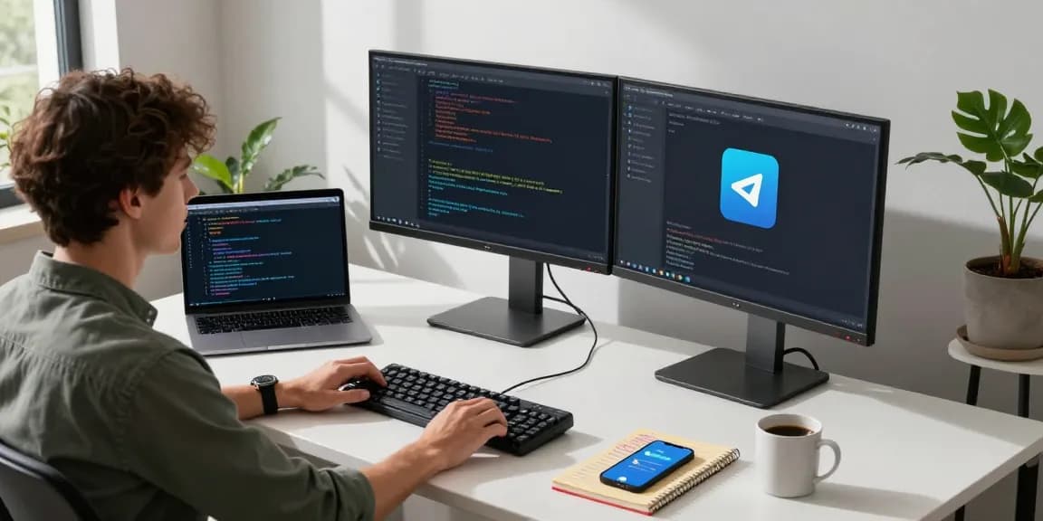 Telegram Download in a tech workspace with dual monitors, showcasing a developer coding Telegram features.