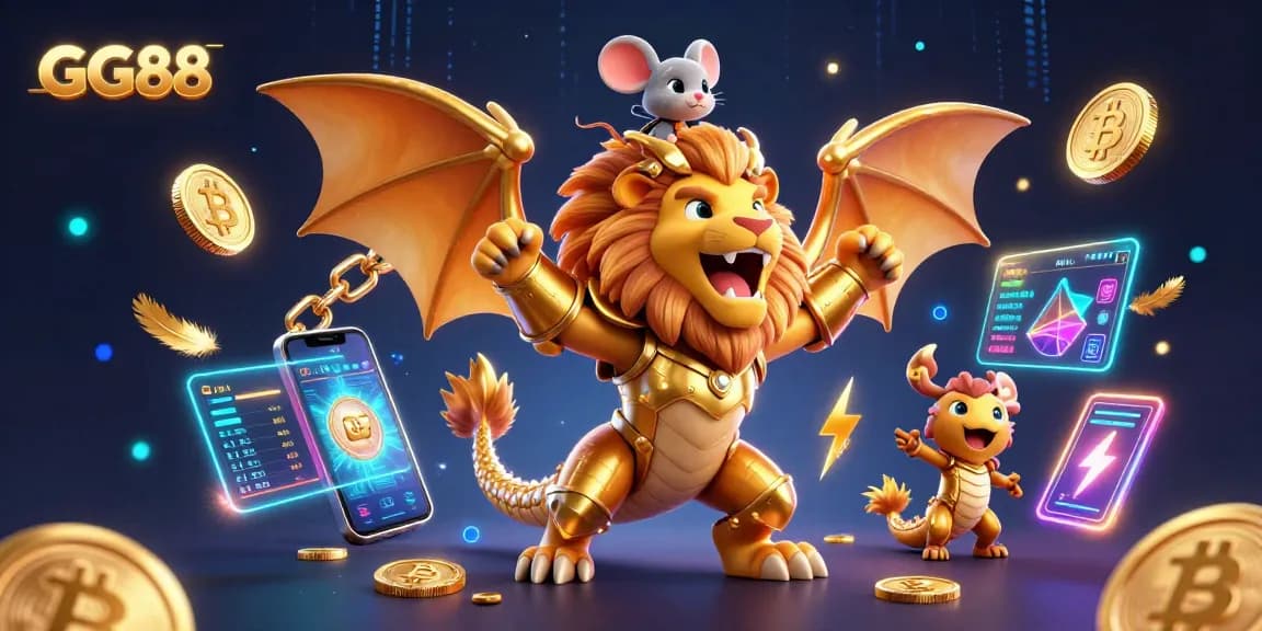 Experience thrill and excitement with GG88's 3D chimera in golden armor amidst crypto elements.