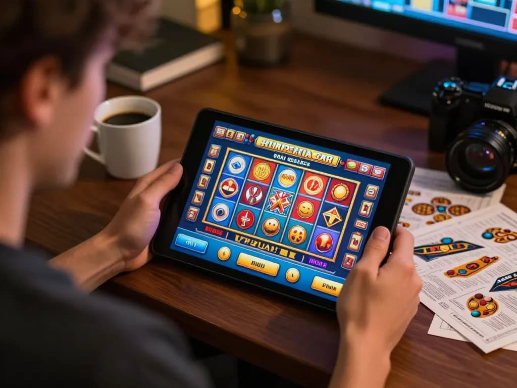 Engaging action of playing oli 4d slot games on tablet in a cozy home environment