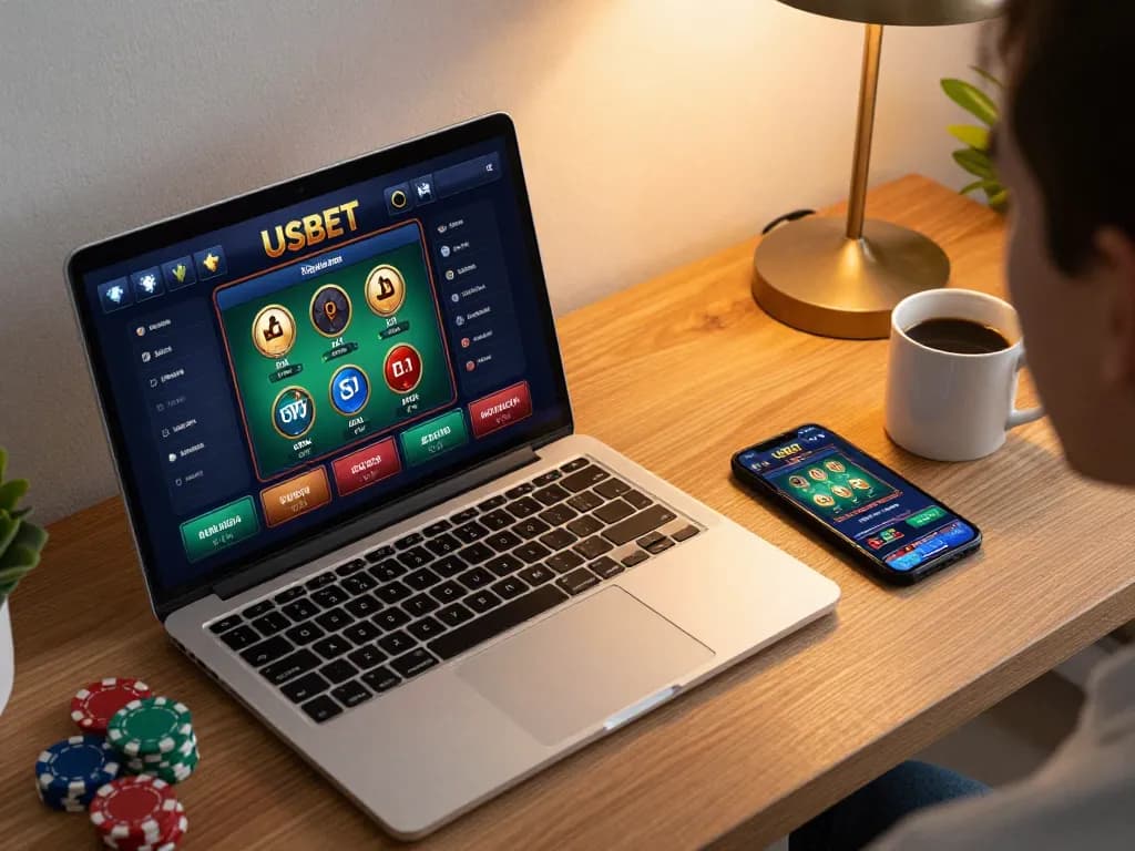 Player engaging with USBET casino app on sleek laptop and smartphone in cozy home setting.