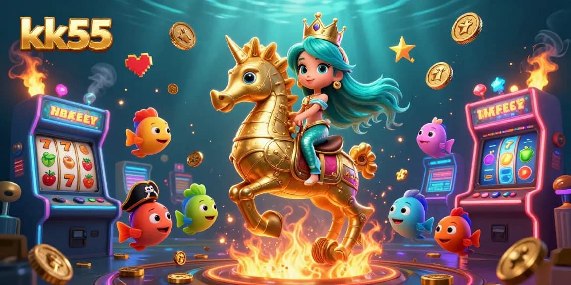 Engage in thrilling slot action at kk55 with a colorful 3D casino illustration featuring a mermaid princess.