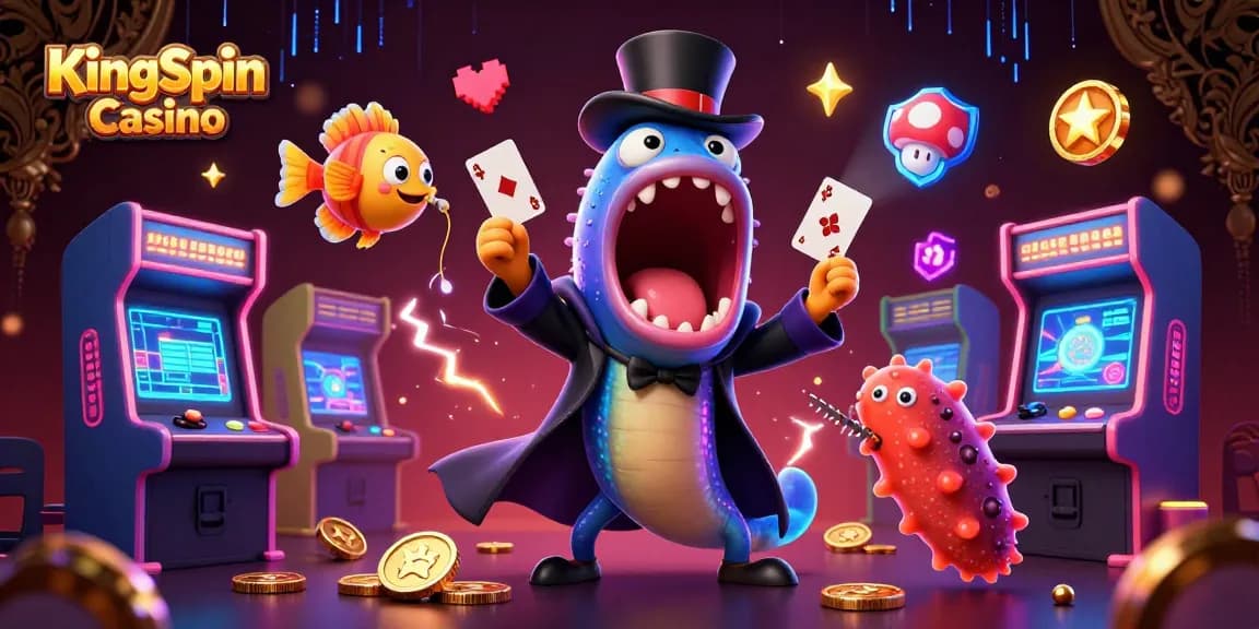 A KingSpin Casino játékokat bemutató színes 3D illusztráció, játékos karakterekkel és varázslatos elemekkel