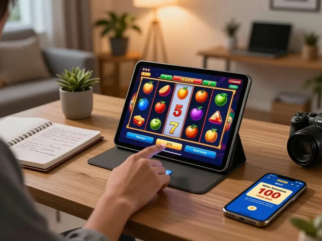 Engaging gameplay of slot bonus new member 100 offer on a tablet, showcasing colorful reels and strategic notes nearby.
