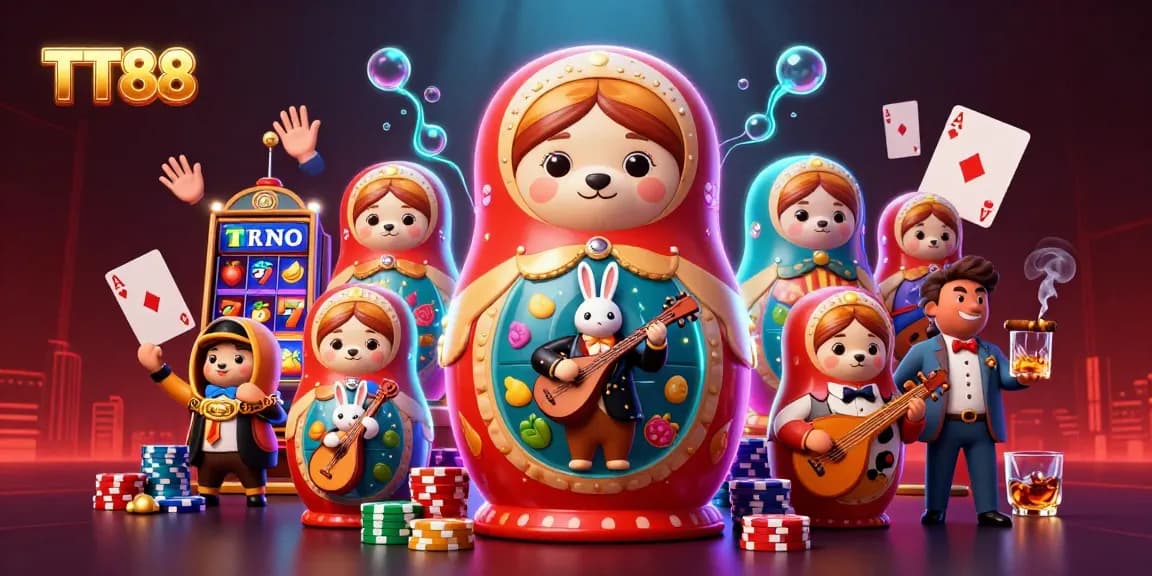 TT88 players engaging with vibrant slot machines and excited bears in a dynamic casino scene.