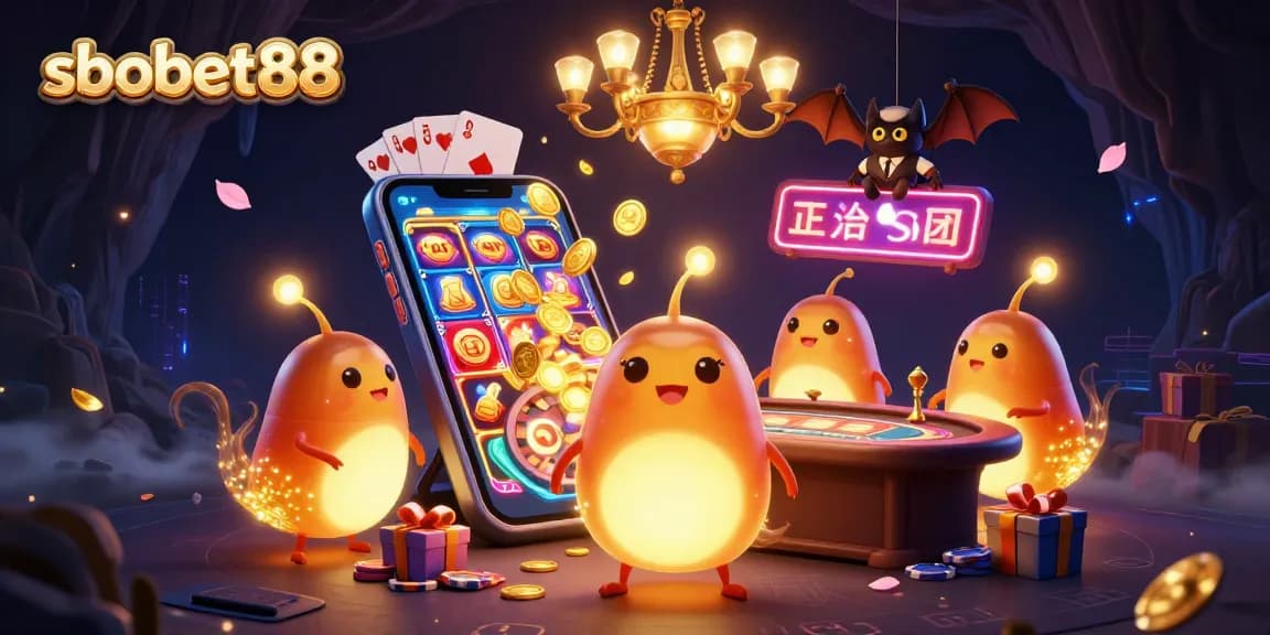 Sbobet88 illuminates a vibrant cave casino with glowworms and a bat dealer, showcasing exciting gaming elements.