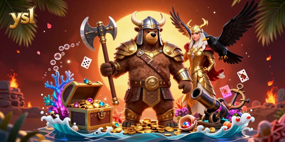 Experience thrilling casino action with the ysl-themed Viking bear and Valkyrie in detailed 3D illustration.