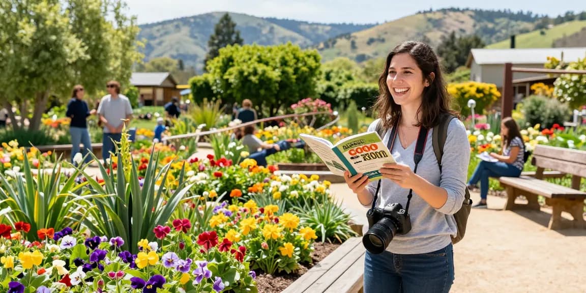 A traveler enjoying the colorful Capay Valley Garden Tour with NAGA2000 discounts, surrounded by blooming flowers.