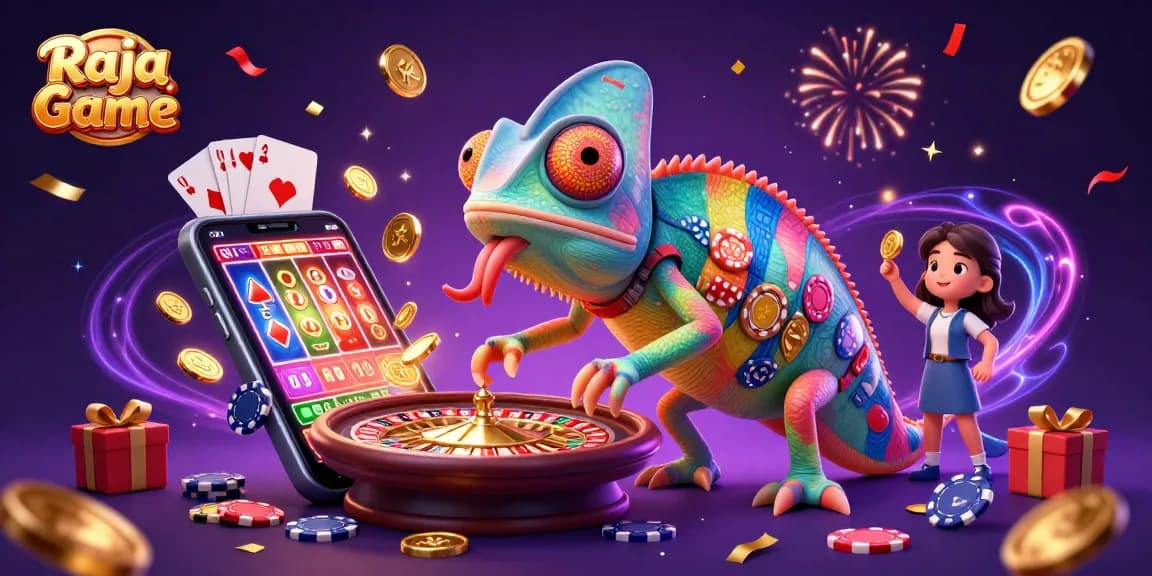 Play exciting games on Raja Game with a colorful chameleon casino owner in a vibrant 3D scene.