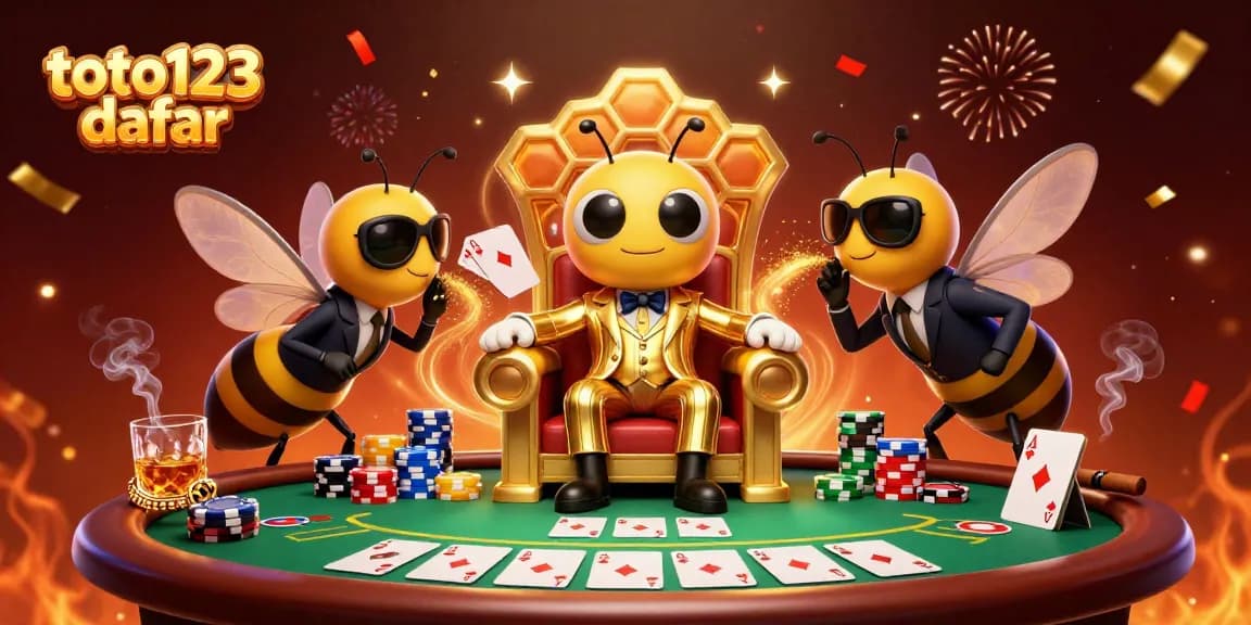 Engage with the excitement at toto123 daftar showcasing a lively poker scene with cartoon characters, chips, and festive elements.
