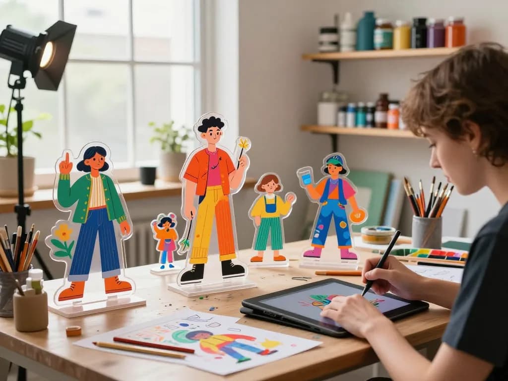 Custom acrylic standees on display in an artist's studio with unique designs and vibrant creative tools.