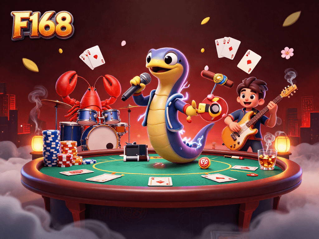 F168 electrifies the underwater casino stage with a dynamic DJ performance featuring vibrant gambling elements.