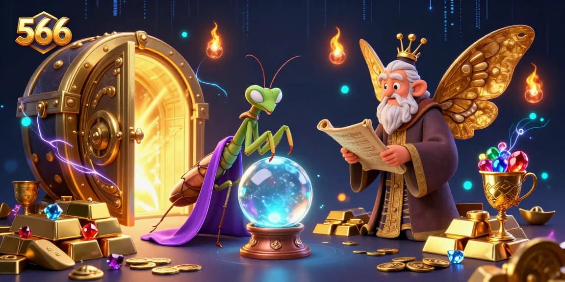 Engage with 566's exciting world of gaming, exploring vibrant treasures and mystical characters in an immersive casino scene.
