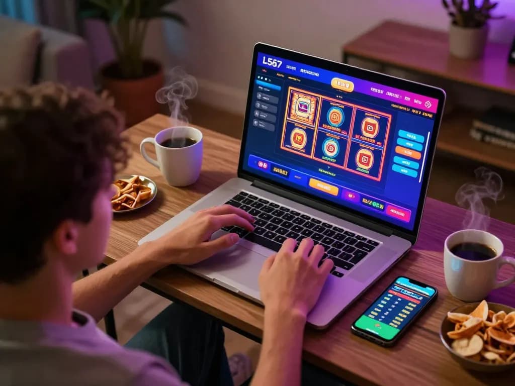 L567 online casino gaming setup with player enjoying slots and sports betting on laptop and smartphone