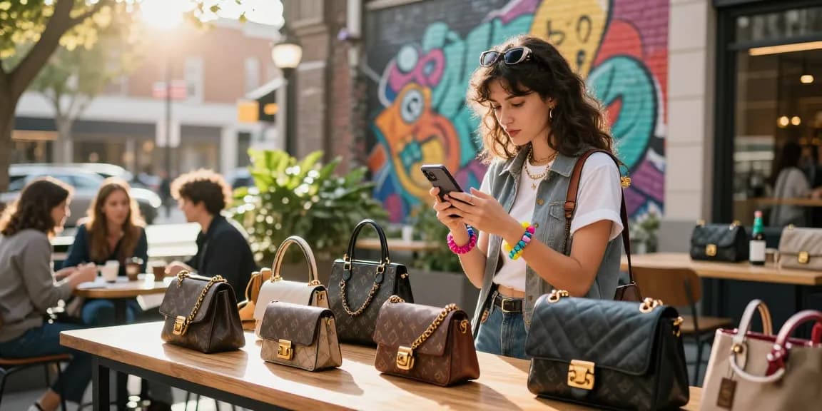 Young woman exploring a trendy 레플리카 쇼핑몰 in vibrant urban setting.