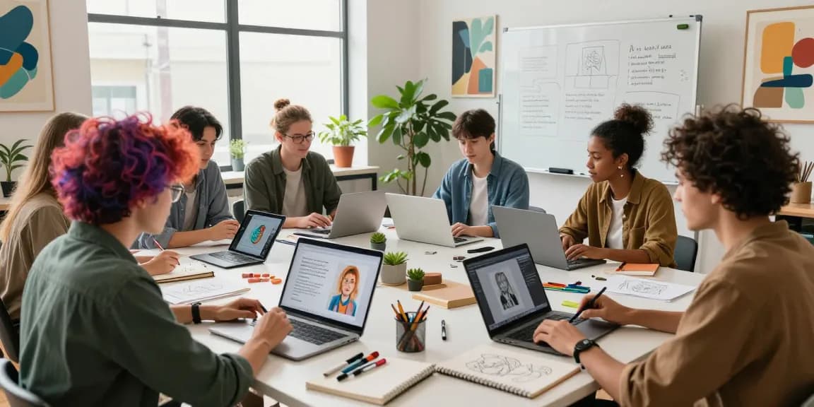 Digital artists collaborating to generate unique ai prompt images in a bright creative workspace.