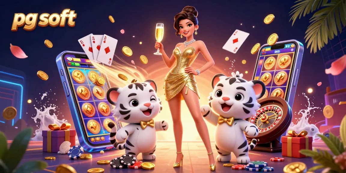 Experience the excitement of pg soft slots with a glamorous woman and lucky tiger amidst vibrant casino elements.
